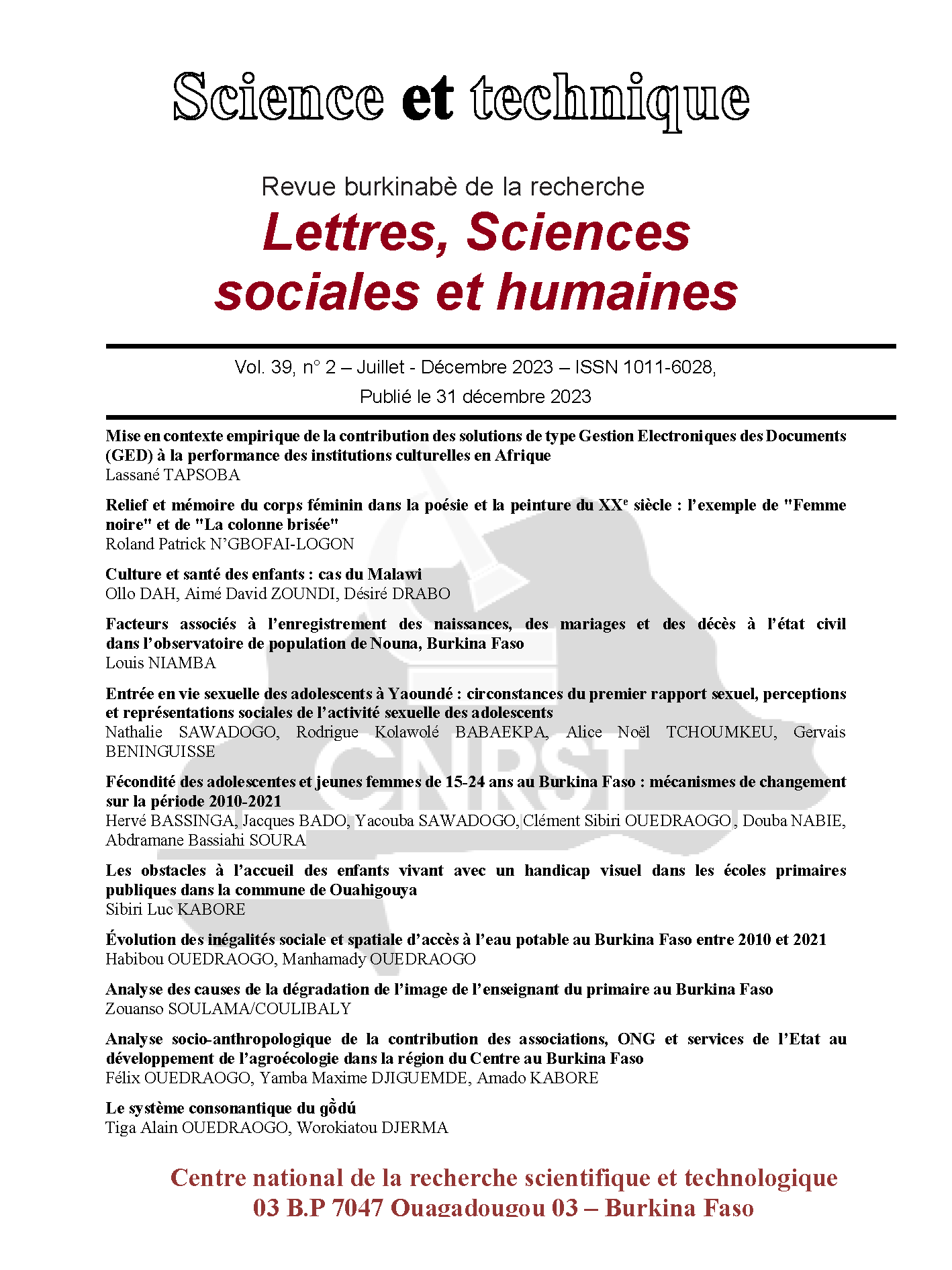 					Afficher Vol. 39 No 2 (2023): Juillet – Décembre
				